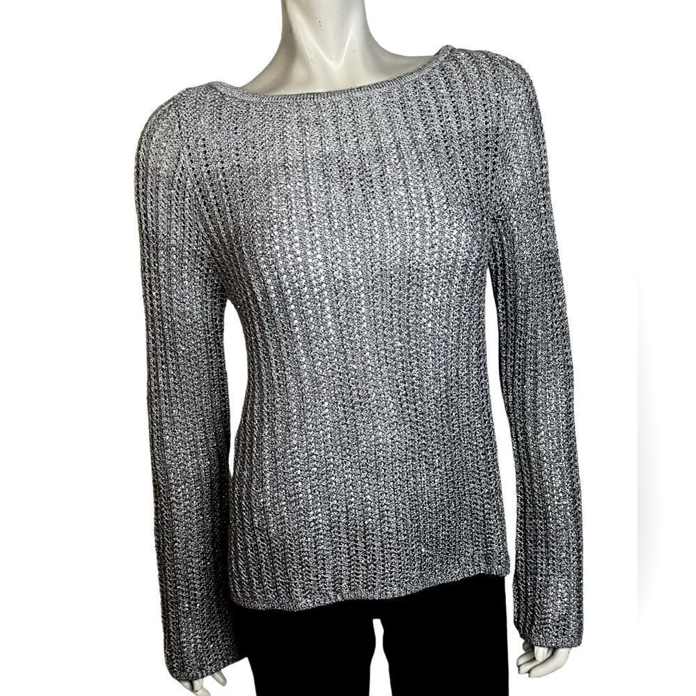 White House Black Market NWOT L/S Ombré Silver Sequined Sweater Size Medium